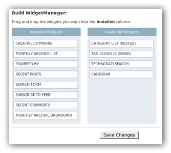 screenshot of movable type widgets configuration
