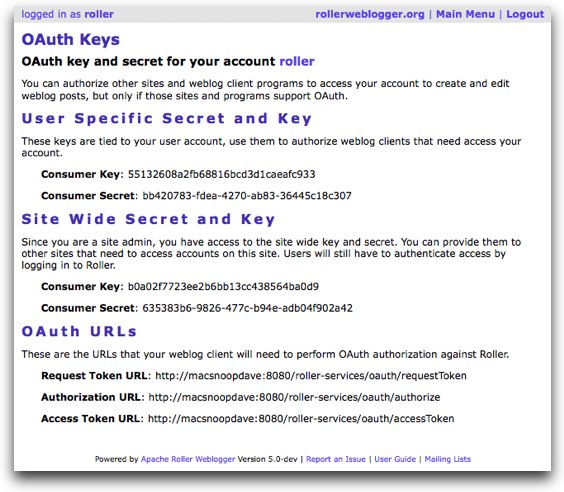OAuth keys page in Roller 5.0-dev